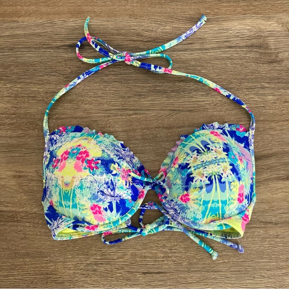 Victoria’s Secret Womens Bra 34C Halter & Back Tie Ruffle Bow Push Up Tropical - Picture 8 of 11